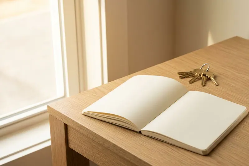 Aufgeschlagenes leeres Notizbuch auf hellem Eichentisch neben Schlüsselbund und Keramiktasse mit Kaffee, Licht vom Fenster