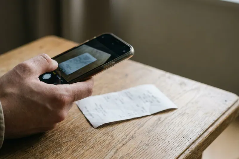 Hand hält ein Smartphone und fotografiert einen Kassenbeleg, der auf einem Holztisch liegt